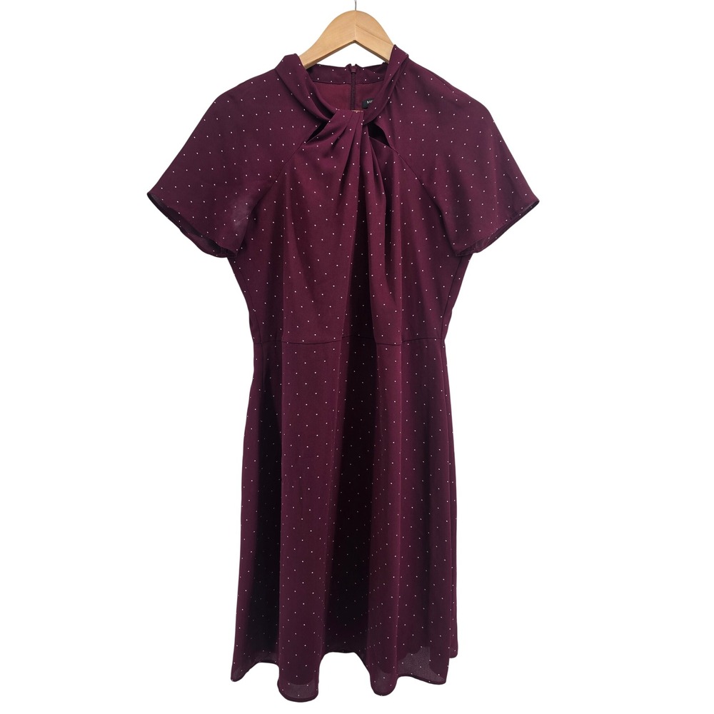 Banana Republic Dress Womens 8 Polka Dot Twist Front Burgundy Short Sleeve EUC